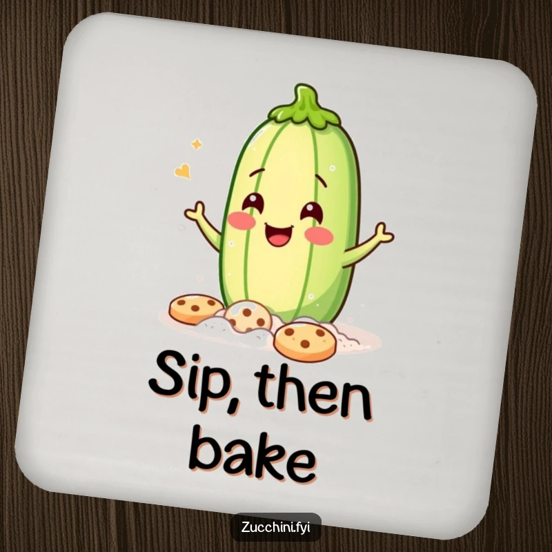 Funny Coaster: A jubilant zucchini covered in flour, winking while baking, offering hilarious kitchen protection.