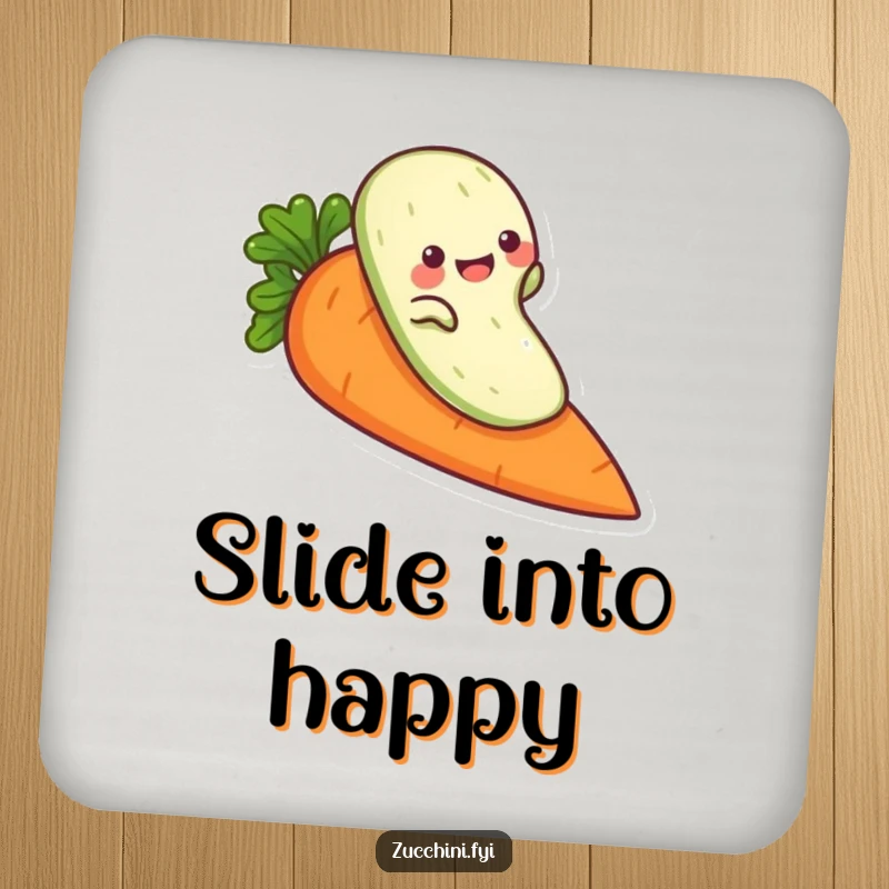 Funny zucchini coaster, a playful veggie character sliding down a carrot, protecting surfaces with humor.