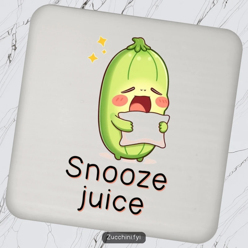 Funny sleepy zucchini yawning with a pillow, on a drink coaster, a comical miniature illustration of a tired vegetable for surface protection.