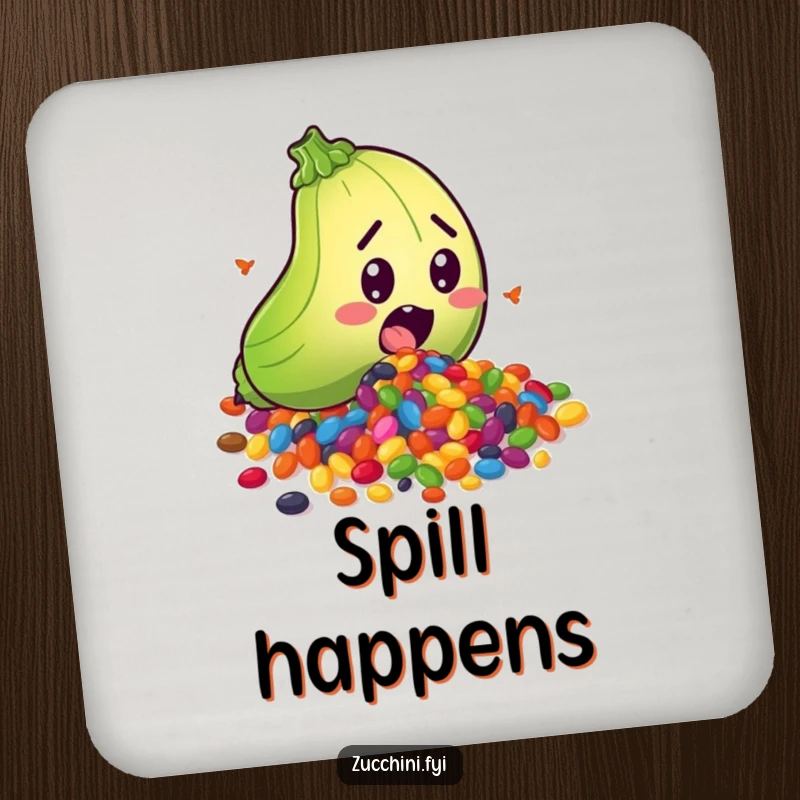 Funny drink coaster with a surprised zucchini character spilling a rainbow of colorful seeds, protecting surfaces with a dash of vegetable-themed amusement.