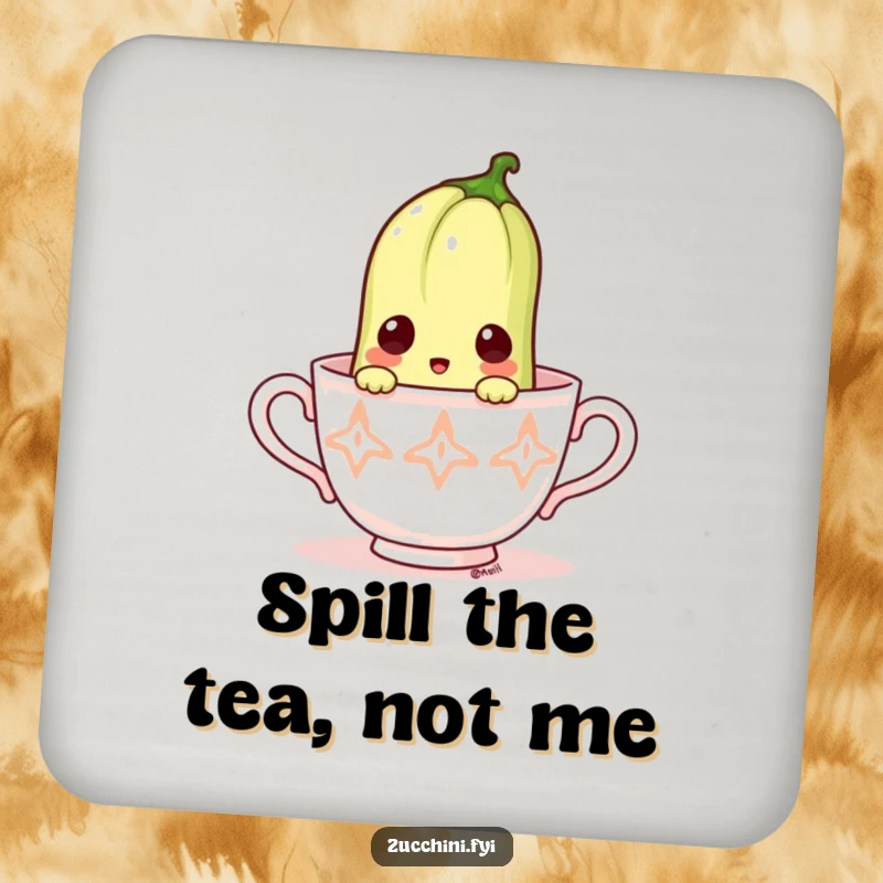 Funny coaster with a surprised zucchini peeking out from a tiny teacup.
