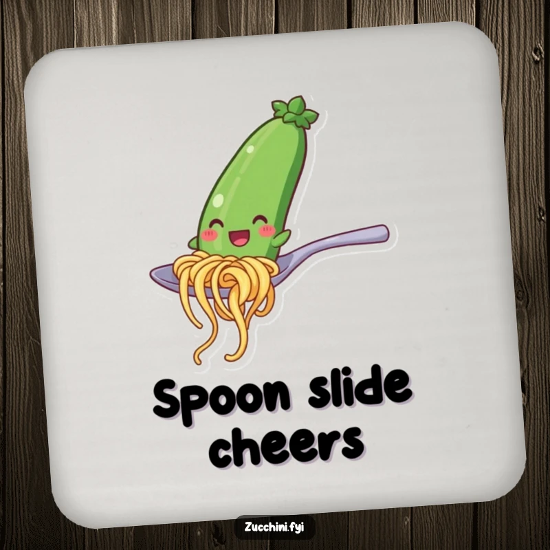 Funny drink coasters with a happy zucchini noodle character sliding down a spoon, adding a humorous and practical element to tabletops.