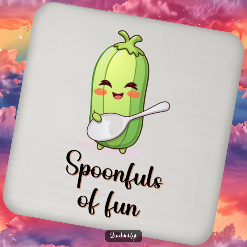 Funny drink coaster featuring a winking zucchini with a comically large spoon, perfect for adding kitchen humor.