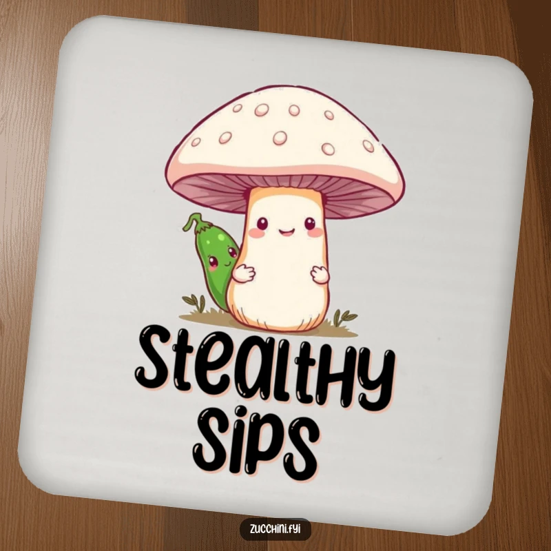 Funny drink coasters showcasing a shy zucchini behind a big smiling mushroom, adding a touch of humor to beverage service.