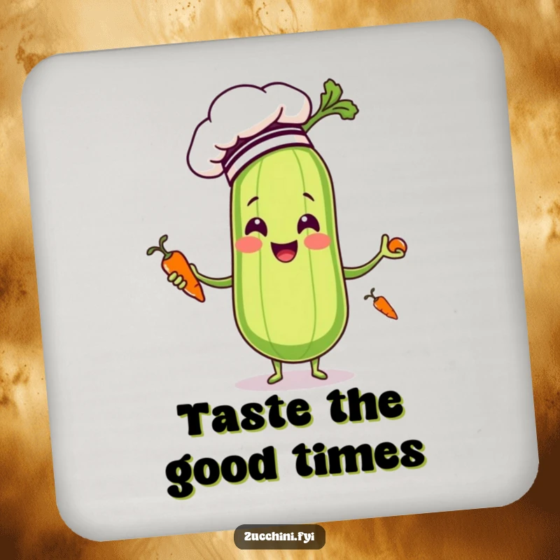 Funny zucchini chef juggling carrots on a drink coaster, adding humor to any beverage setting.