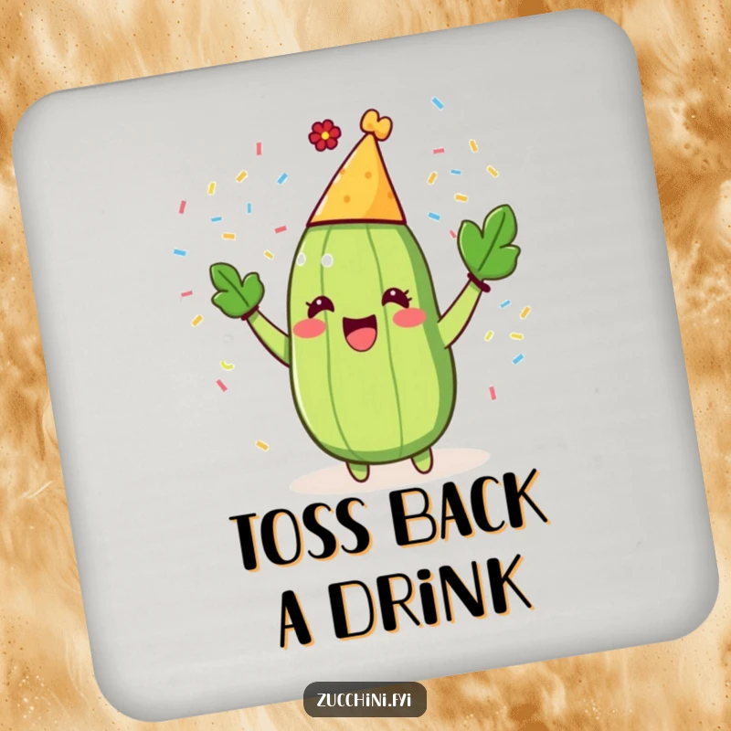 Funny Zucchini Party Coaster featuring a gleeful zucchini in a party hat, surrounded by a sprinkle of confetti.