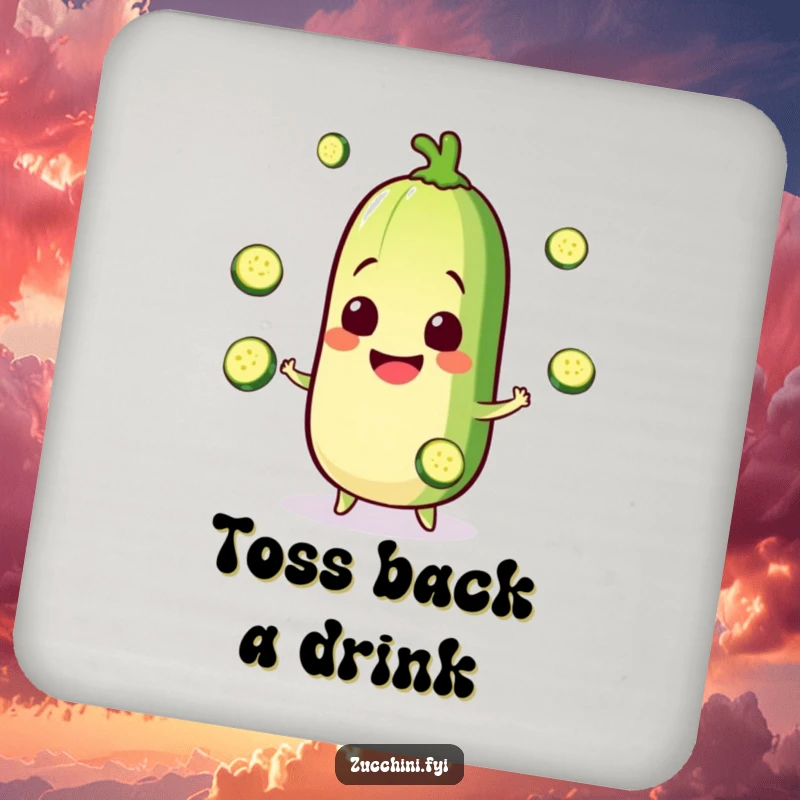 Funny Kawaii zucchini drink coaster with a happy juggling character, protecting surfaces with humorous and playful design, ideal for gifting.
