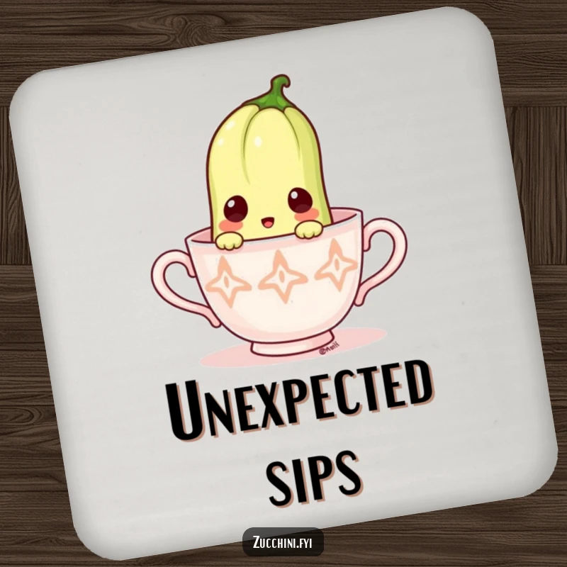 Funny Zucchini Coasters: Set of coasters featuring a surprised zucchini peeking from a teacup, offering quirky surface protection.