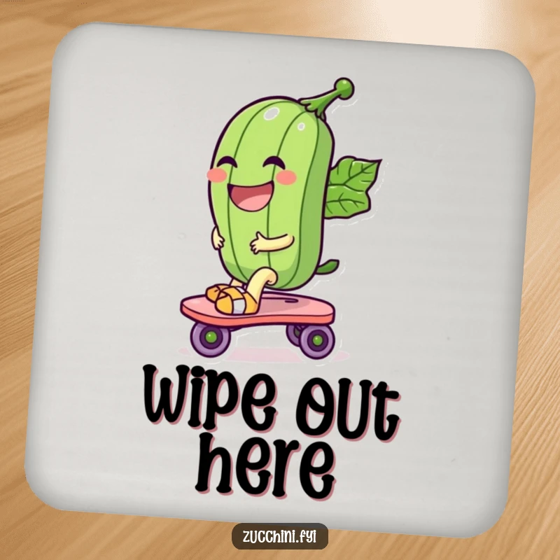 Funny drink coaster with a laughing zucchini character riding a leaf roller skate, protecting surfaces with a dash of vegetable-themed amusement.