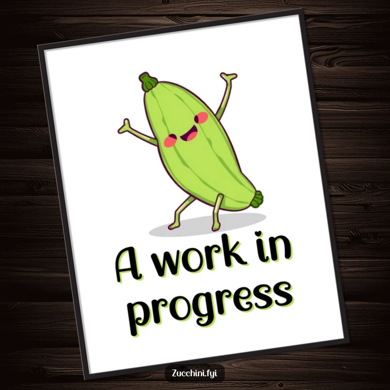 Funny kawaii zucchini in mid-cartwheel, its limbs wobbling comically against a vibrant background, perfect wall decor.