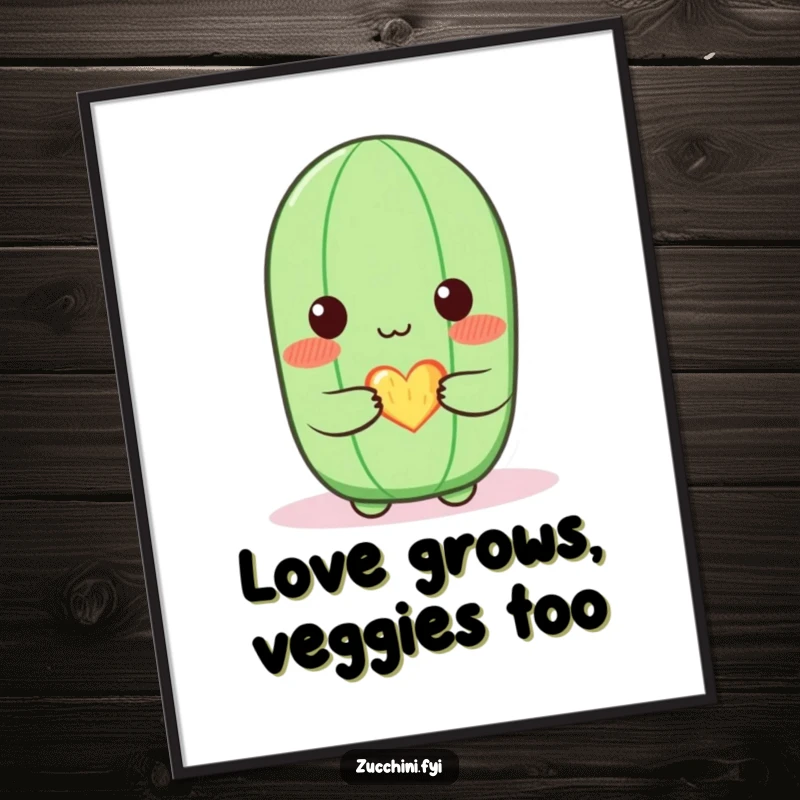 Funny zucchini poster featuring a cute, blushing zucchini character offering a small, glowing heart, creating sweet, humorous, and lovable wall art.