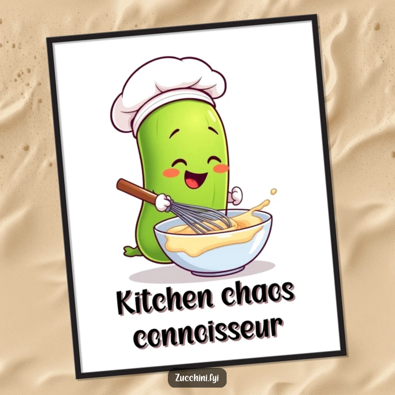 Funny zucchini wearing a chef hat, whisking batter, whimsical kitchen art poster, perfect funny gift.