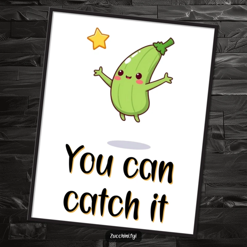 Funny Jumping Zucchini Poster: A zucchini leaps to catch a falling star, creating inspiring and humorous wall art for dreamers and optimists.