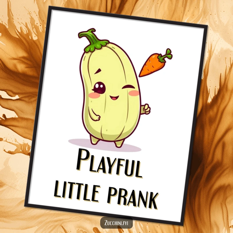 Funny mischievous kawaii zucchini winking and tossing a carrot, a playful and intriguing piece of wall art.