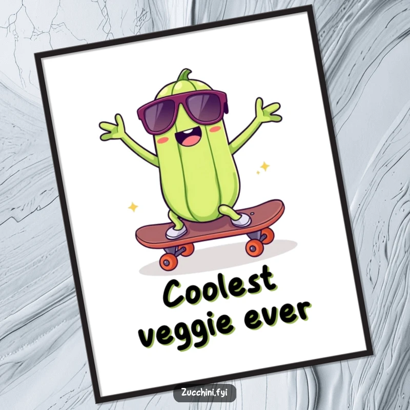 Funny kawaii zucchini poster art, depicting a cool zucchini dancing on a skateboard, bringing a funny and rad mood to any wall.