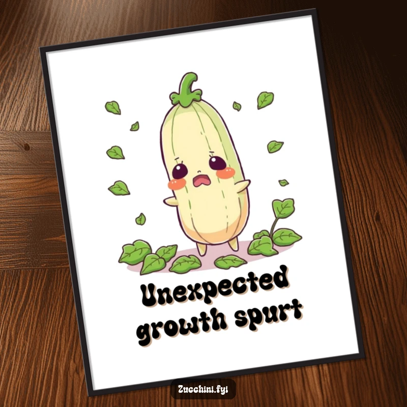 Funny startled zucchini poster of a shocked vegetable with leaves scattering, a humorous piece of wall art capturing surprise.