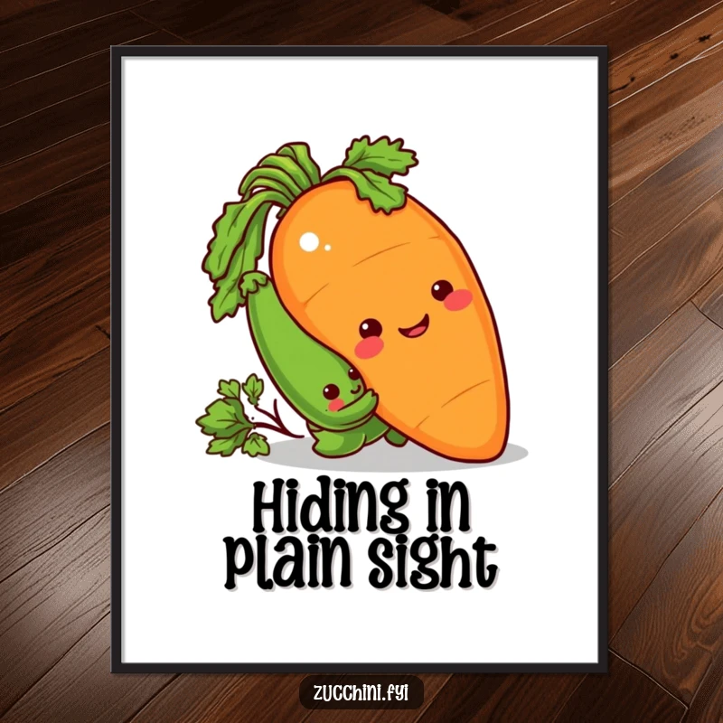 Funny Poster showing a sneaky zucchini peeking from behind a giant, smiling carrot, enjoying a playful prank.