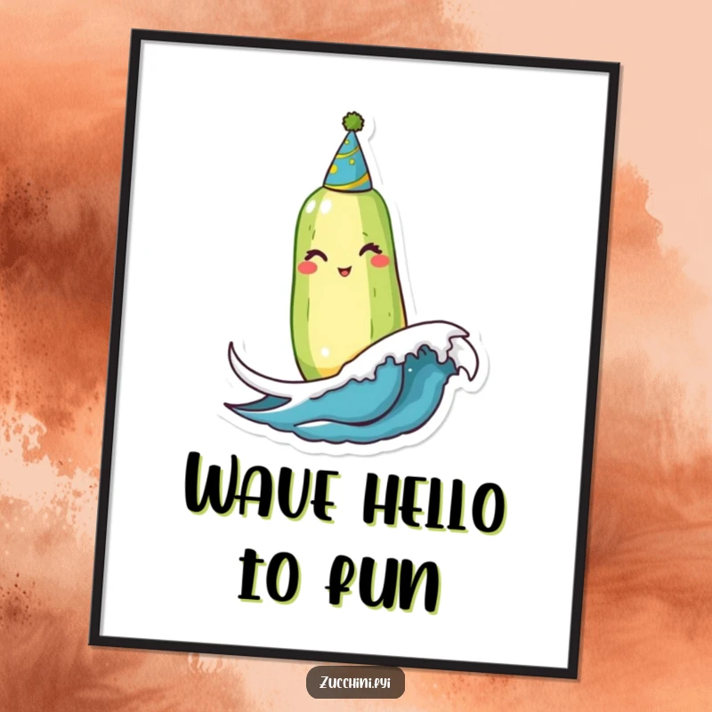 Funny Winking Zucchini Poster: A festive zucchini winks while balancing on a small wave, bringing cheerful, humorous wall art to any space.