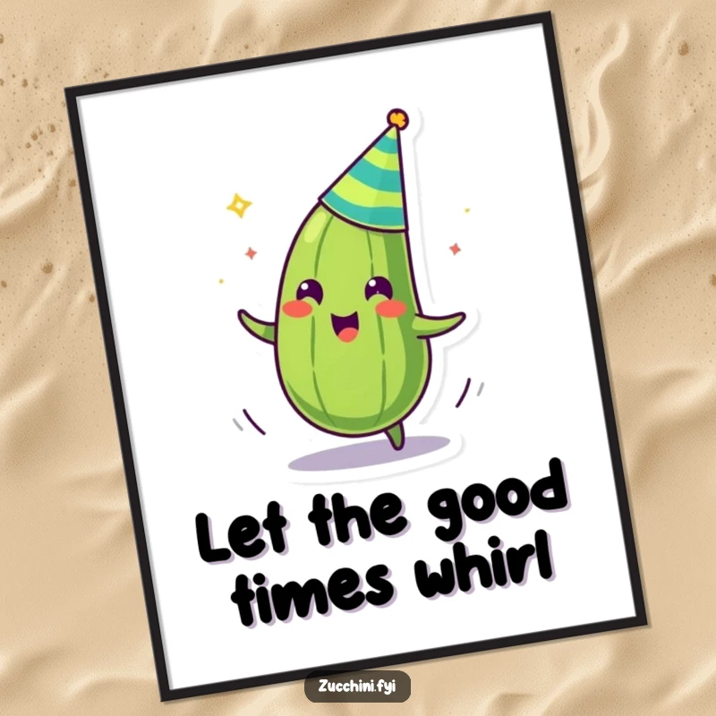 Funny poster depicting a zany zucchini in a party hat, captured in a dynamic spinning motion, bringing festive energy.