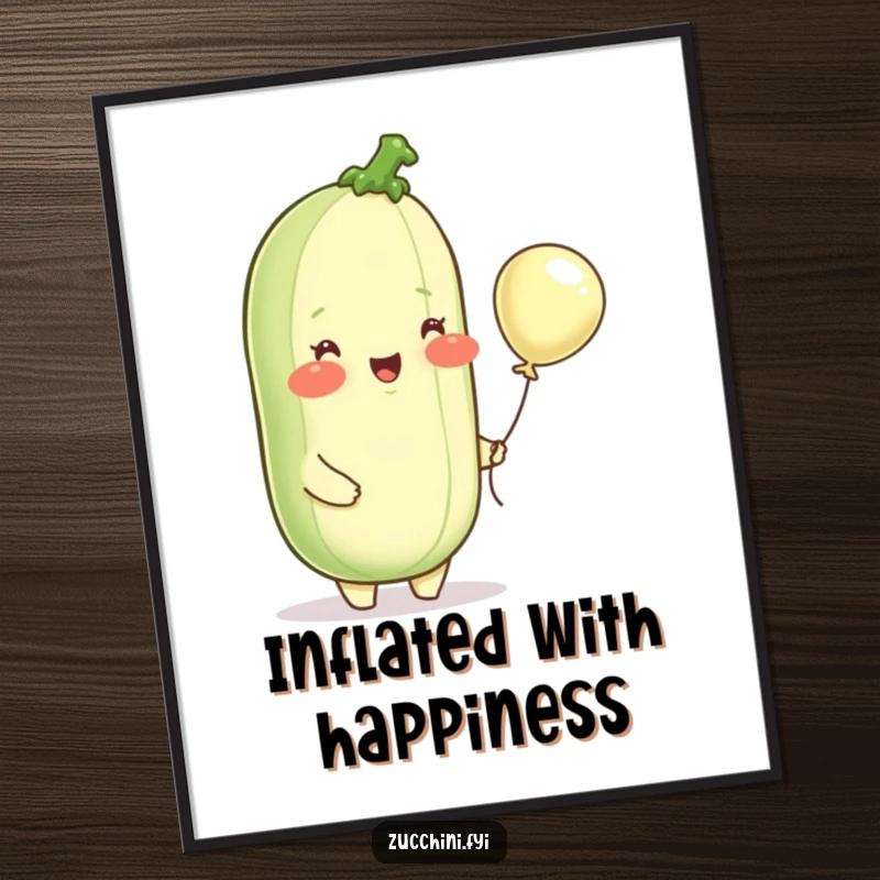 Funny poster, a delighted zucchini with rosy cheeks joyfully holding a small balloon, adding whimsical charm to any room.