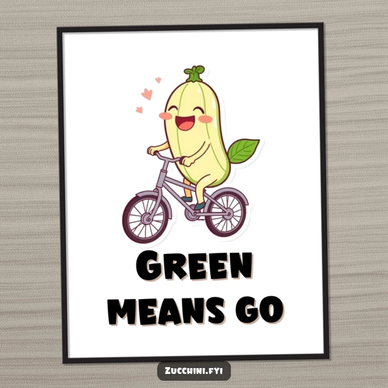 Funny Poster: A laughing kawaii zucchini joyfully rides a miniature bicycle, creating an adorable and humorous scene.