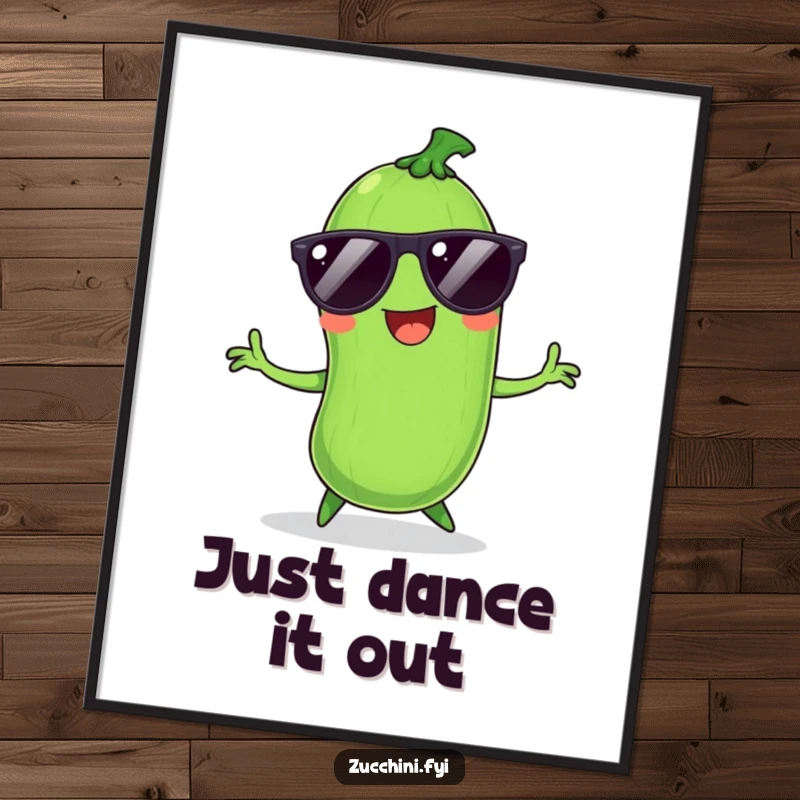 Funny Zucchini Poster: Smiling vegetable with sunglasses, dancing energetically, bringing fun and groovy vibes to wall decor.