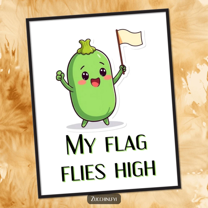 Funny poster showcasing a zucchini character energetically waving a small flag, perfect for adding a touch of spirited cheer to any wall.