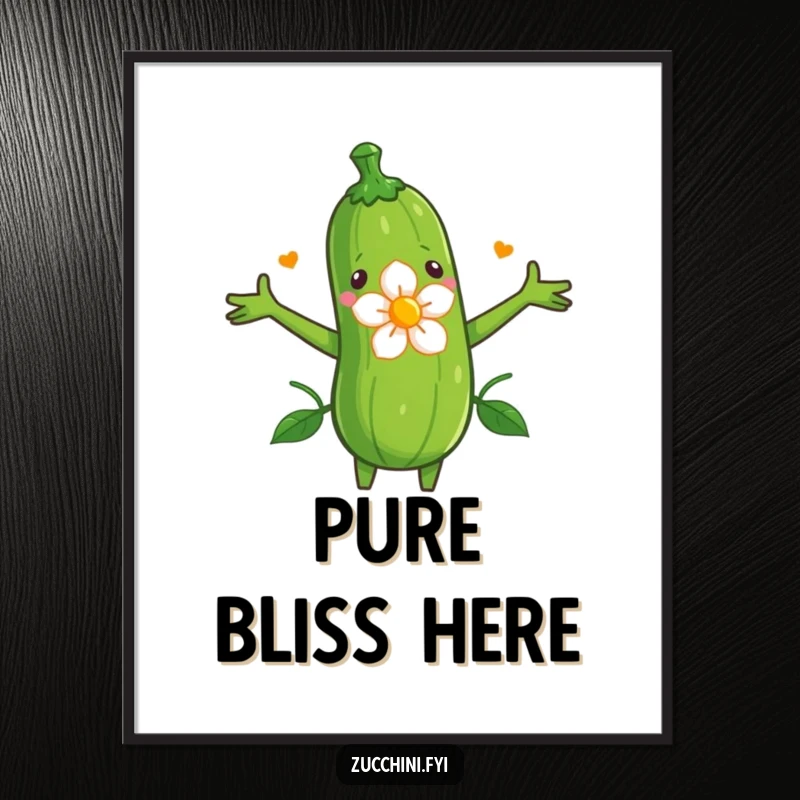 Funny poster art of a zucchini with arms open wide, tenderly hugging a vibrant, blooming flower.