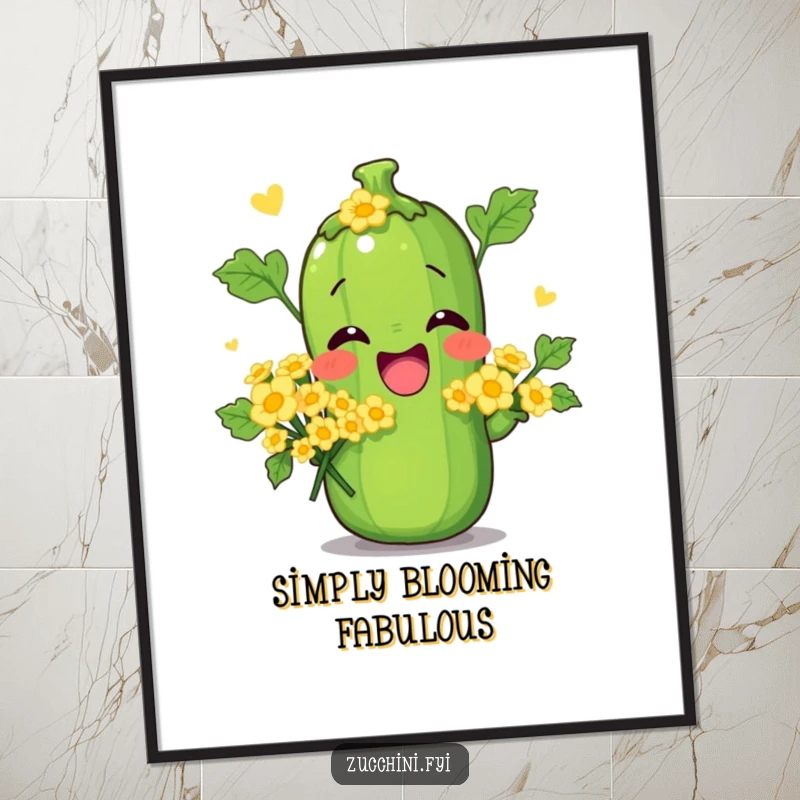 Funny poster print of a zucchini character striking a silly pose with a bouquet of miniature zucchini flowers. Whimsical garden art.