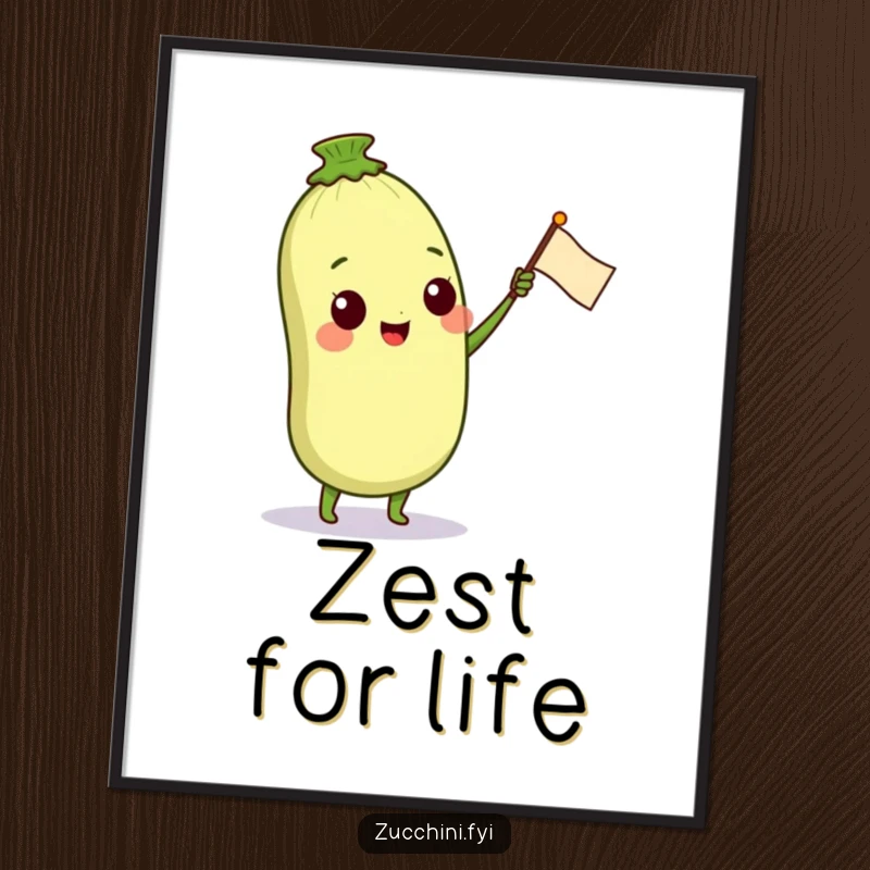 Funny poster displaying a cheerful anthropomorphic zucchini character waving a small, bright petal flag, bringing a dose of happiness and garden whimsy to any room.