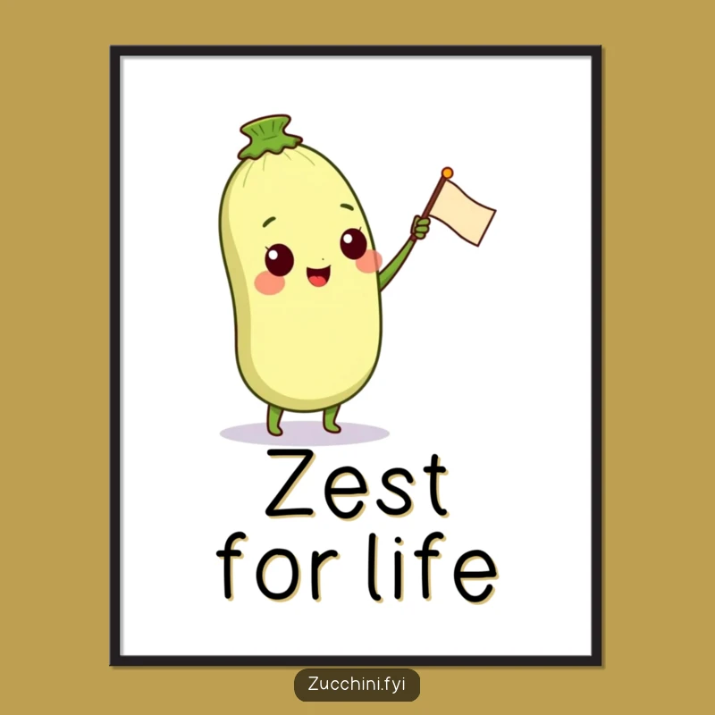 Funny Zucchini Greeting Poster: Happy Veggie Character Waving Flag, Wall Art Gift