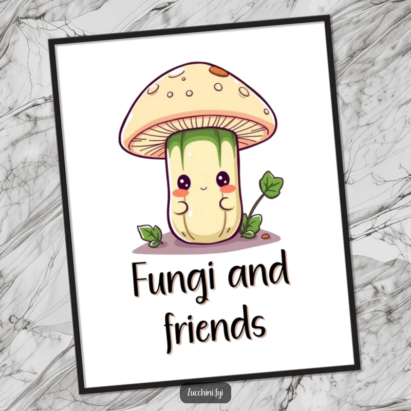 Funny poster showcasing a curious anthropomorphic zucchini character peeking from beneath a mushroom cap, creating a scene of hidden wonder and garden mystery.