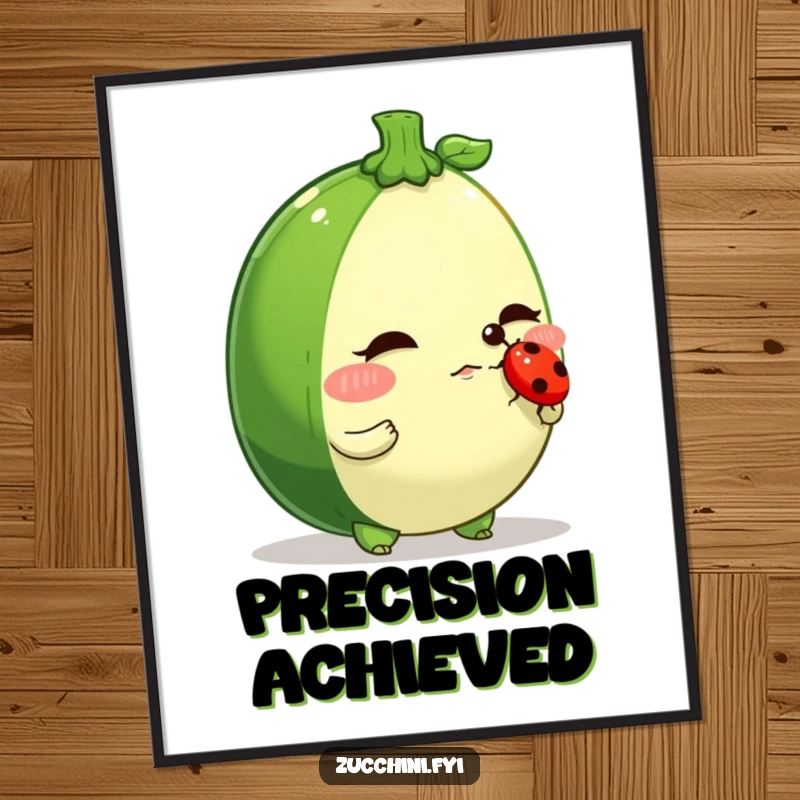 Funny zucchini poster, a determined veggie character balancing a ladybug on its nose, humorous art for wall decor.