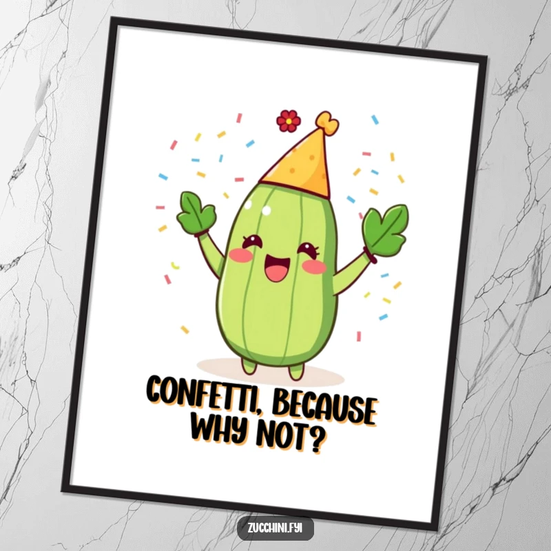 Funny Zucchini Party Poster showcasing a gleeful zucchini in a party hat, surrounded by a vibrant explosion of confetti.