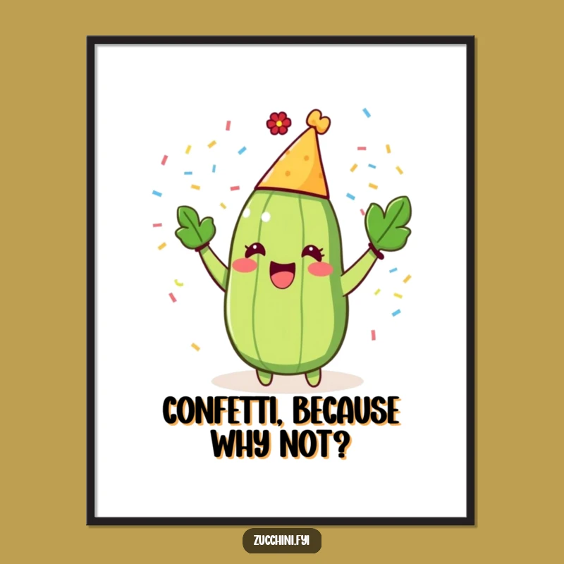 Funny Zucchini Party Poster: Vibrant Confetti Throwing Art, Hilarious Wall Decor Gift!