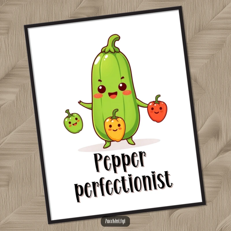 Funny Zucchini Poster print of a beaming cartoon zucchini juggling three small, smiling peppers, a lively and humorous piece of wall art.