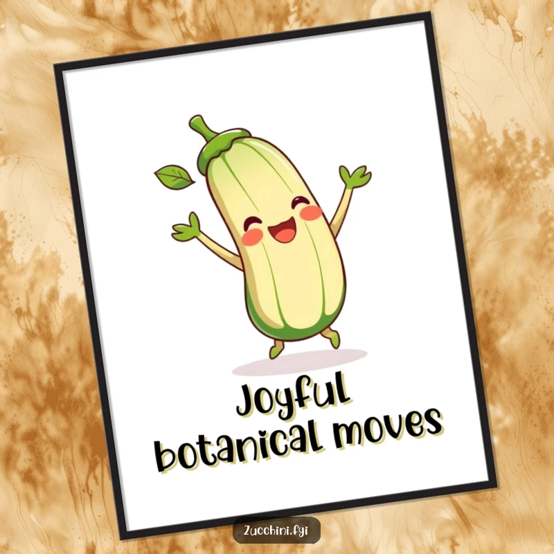 Funny Zucchini Poster print of a cartoon zucchini joyfully dancing and moving its leaves, a lively and humorous piece of wall art.