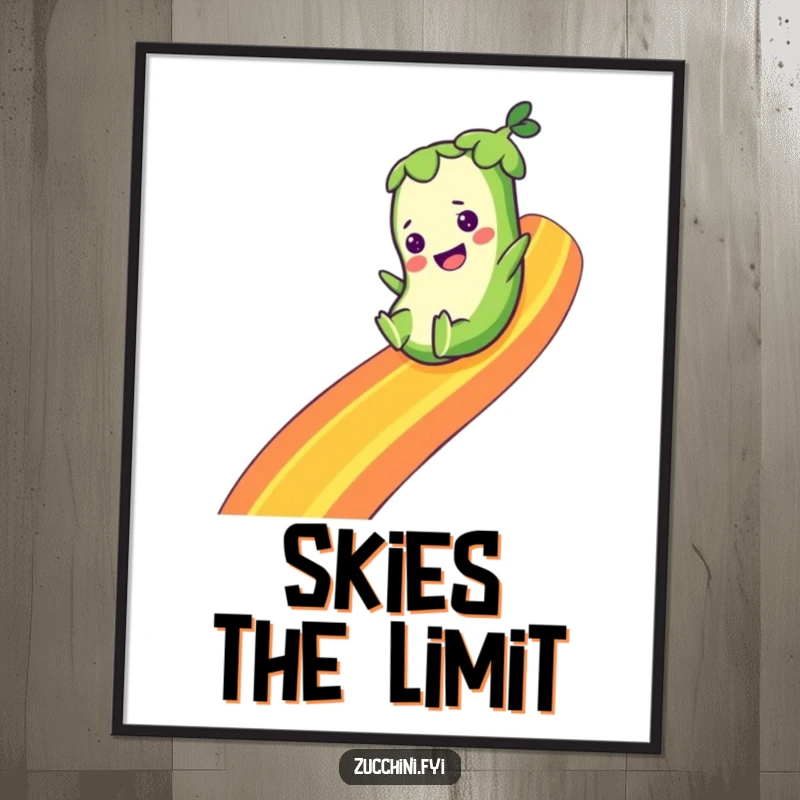 Funny poster showcasing a zucchini character happily sliding down a colorful rainbow, perfect for adding a touch of whimsical delight to any space.