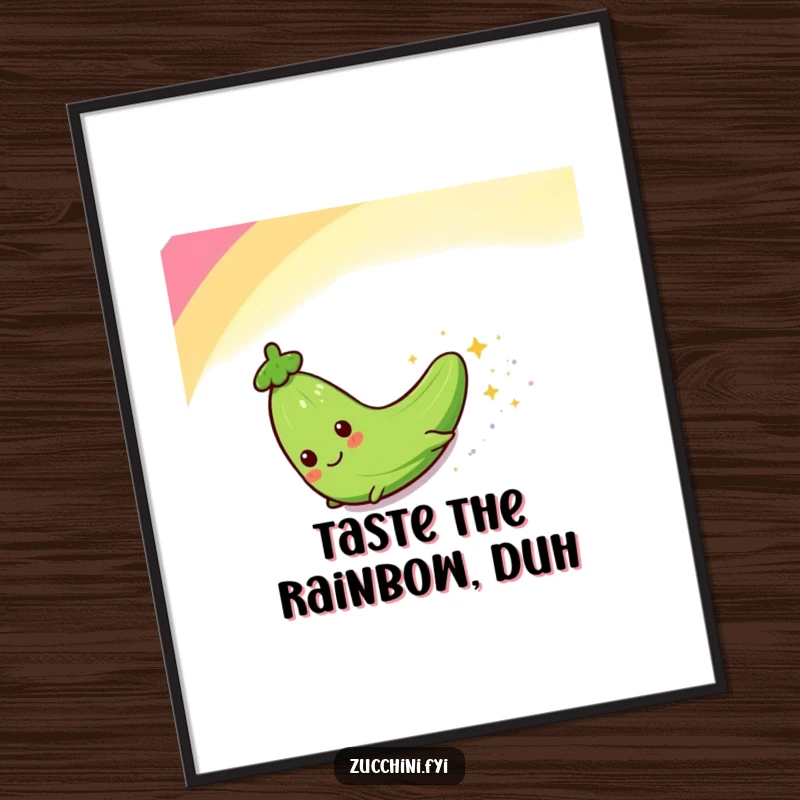 Funny poster print depicting a zucchini character gleefully sliding down a rainbow, surrounded by sparkling, magical glitter. Vibrant and cheerful.