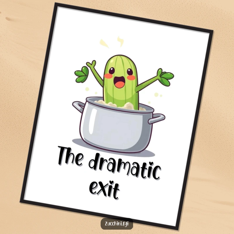 Funny zucchini poster art: a steaming, delighted vegetable dramatically jumping into a pot with a splash, capturing a moment of pure fun.