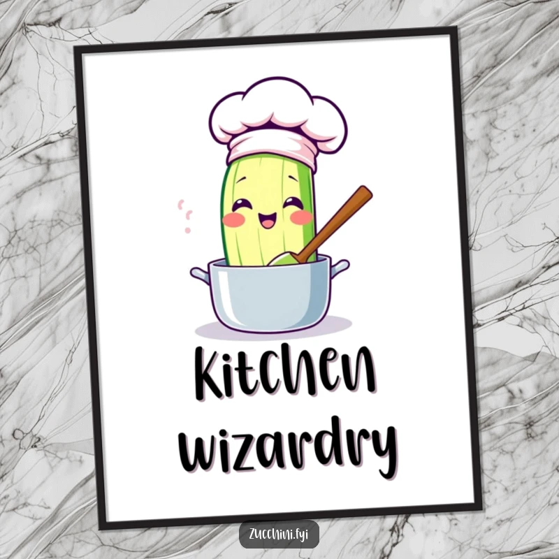Funny kawaii zucchini poster art, depicting a cute chef zucchini stirring a pot, bringing a funny and inspiring mood to any kitchen wall.