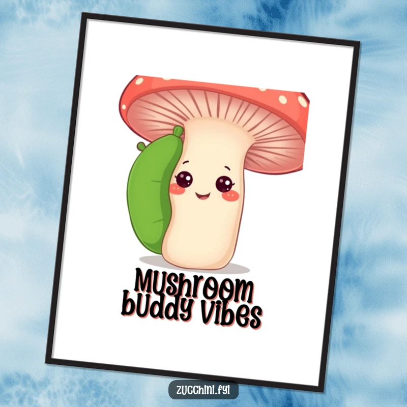 Funny curious zucchini poster showing a zucchini peeking from behind a giant smiling mushroom, perfect for adding playful garden humor.