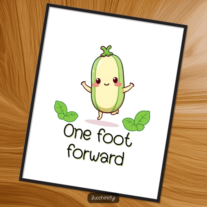 Funny kawaii zucchini hopping joyfully on one foot, a vibrant and happy piece of wall art.