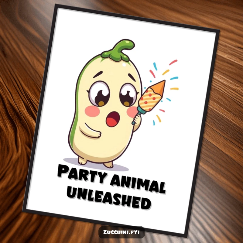 Funny surprised kawaii zucchini holding a confetti popper, ready for a festive explosion, making this poster fun.