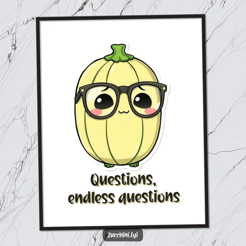 Funny Bewildered Zucchini Poster showing a zucchini with oversized spectacles looking thoughtfully perplexed and slightly baffled.