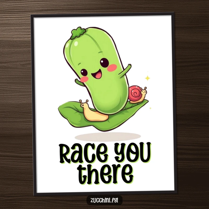 Funny poster of a cheerful zucchini racing a tiny snail on a leaf, a humorous depiction of a slow but exciting race.