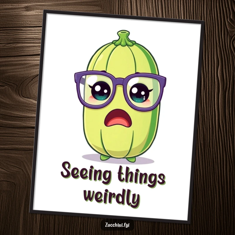 Funny Zucchini Poster print of a shocked cartoon zucchini wearing large, silly glasses, creating a humorous and surprising wall art piece.