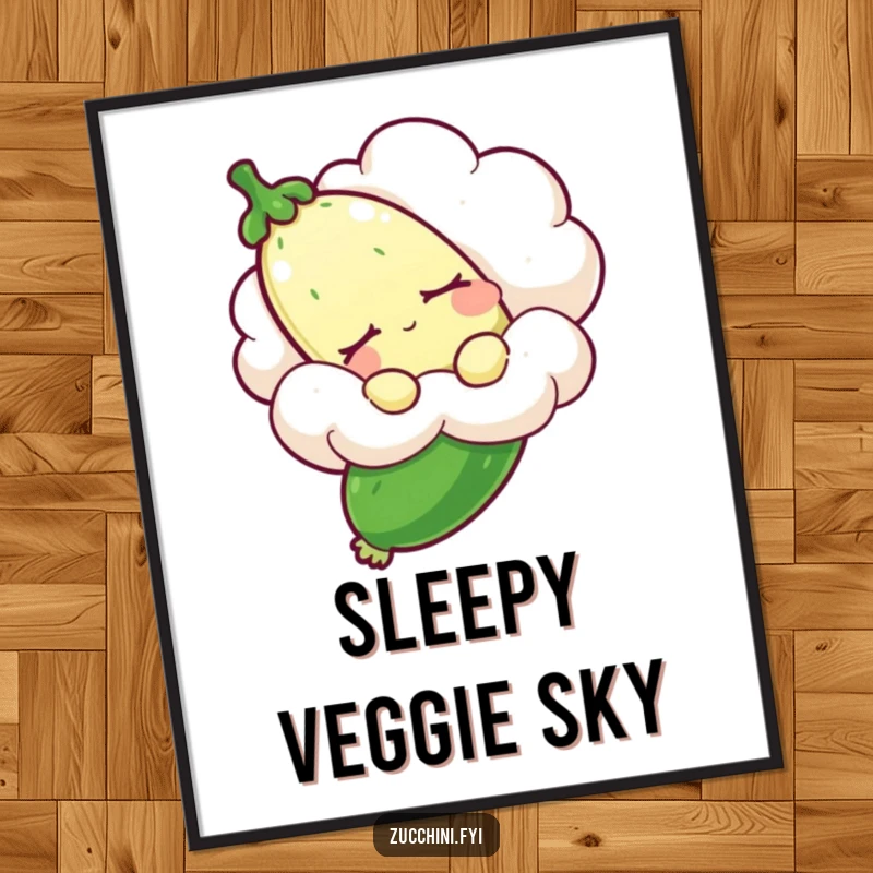 Funny sleepy zucchini poster showing a drowsy zucchini being carried by a fluffy cloud, adding sweet dreams and humorous decor.