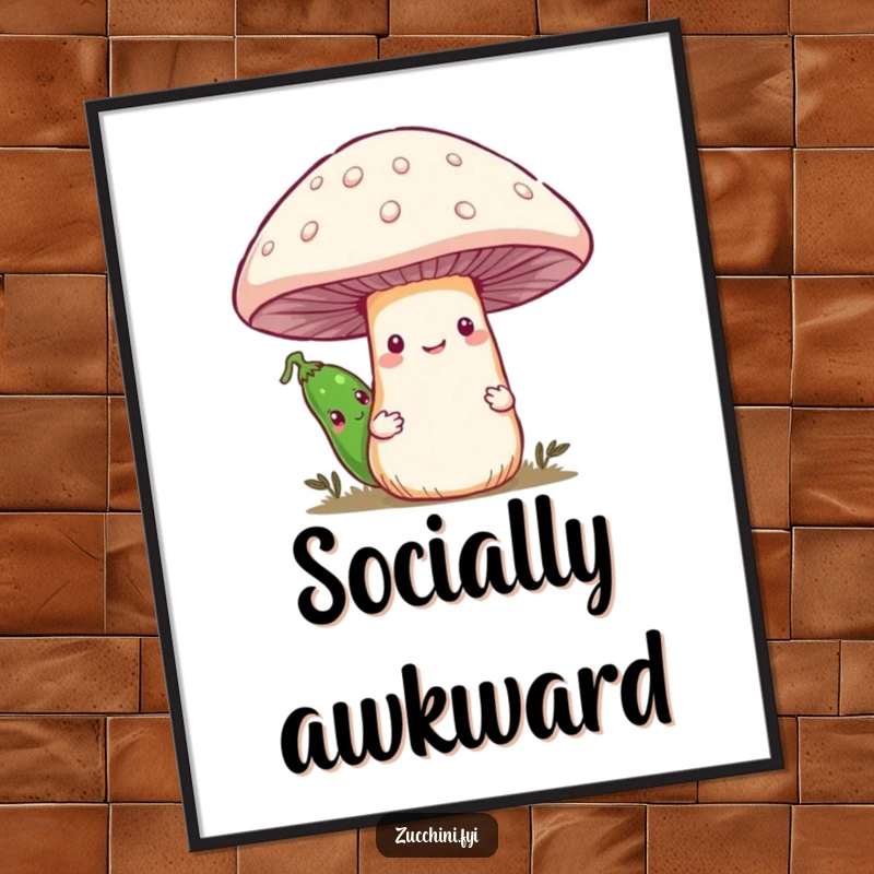 Funny poster illustrating a timid zucchini peeking from behind a large, jolly smiling mushroom, bringing whimsical decor to any room.