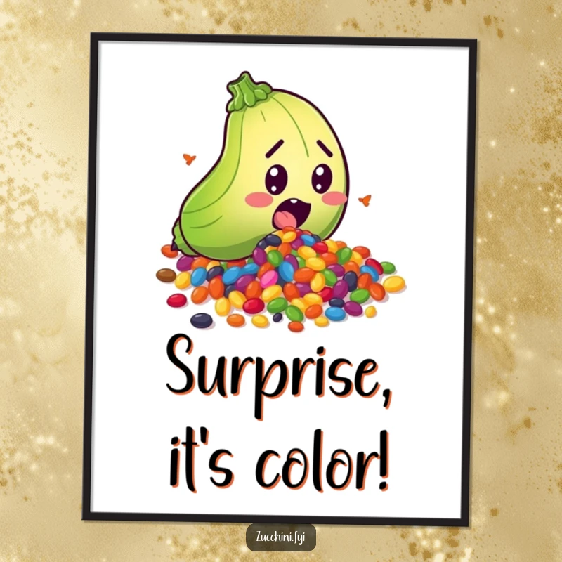 Funny poster showing a surprised zucchini character scattering a rainbow of colorful seeds, a joyful and humorous piece of veggie art.